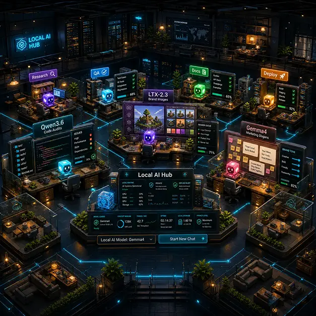 Isometric scene of a Local AI Hub with multiple agent workstations running code audits, research, brand images, and marketing tasks in parallel under a central runtime dashboard, illustrating how a self-hosted setup turns scattered AI use into a managed, observable system