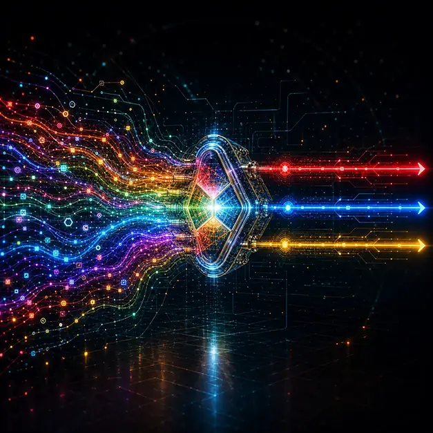 Tangled streams of multicolored data flowing into a central processing hub and emerging as clean red, blue, and yellow output arrows, illustrating chaotic raw inputs organized into structured, managed pipelines