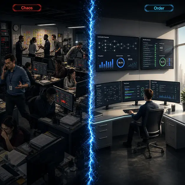 Before-and-after split: a chaotic office of stressed workers on the left, a single calm operator monitoring throughput and uptime dashboards on the right, illustrating how automation turns reactive firefighting into proactive oversight