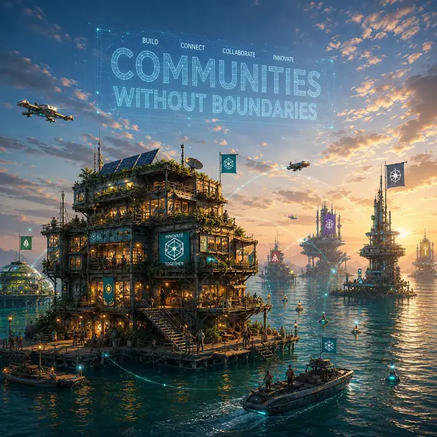 Network of floating community guild halls rising from the water at sunset, each flying its own emblem and connected by streams of light, illustrating distinct sub-communities federated under one shared identity instead of one monolithic chat room