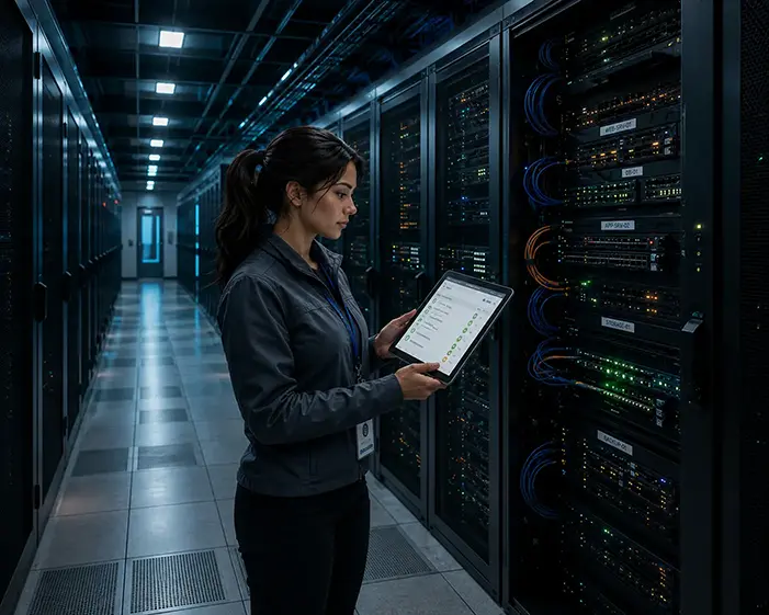 Engineer reviewing system status on a tablet inside a data center aisle, illustrating the day-to-day practice of security as continuous observation and verification, not a one-time setup